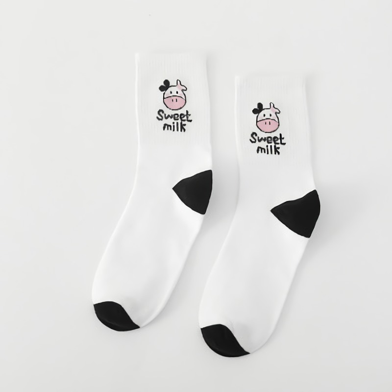 Funny Cow Women Socks Cotton Color Black white Striped Harajuku Sock Japanese soft Casual Kawaii Girls Happy Tube Socks