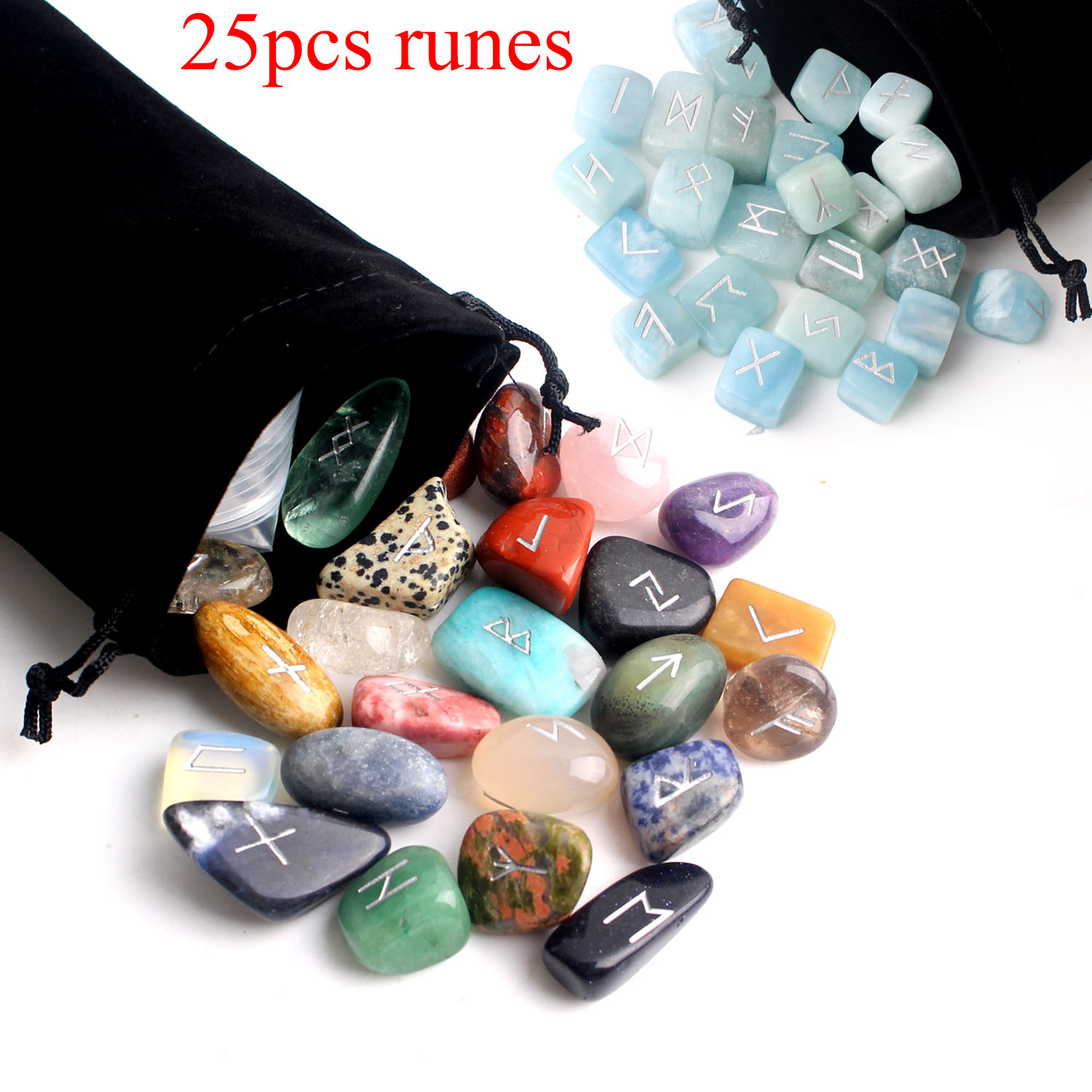 25Pcs Freedom Natural Rock Quartz Crystal Runes Tumbled Stone Divination Fluorite Rune Fortune-telling Reiki Healing Gift Decor