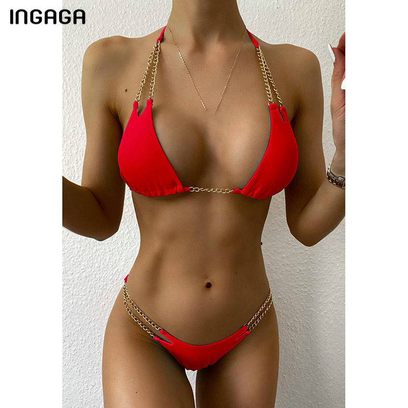 INGAGA Push Up Bikinis Swimsuits Halter Swimwear Women Metal Chain Biquini Bathing Suits Black Swim Suit 2021 Bathers Bikini Set
