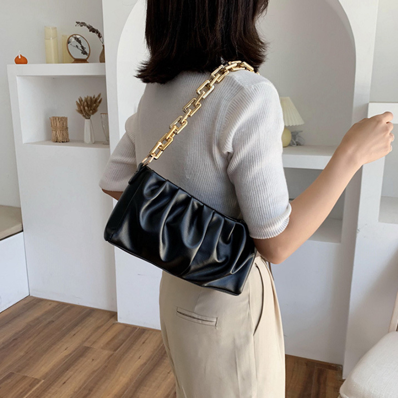 Fashion Chains Shoulder Bag For Women Pleated Cloud Bags Soft PU Baguette Bag Solid Color Handle Bag Female Shopping Small Totes