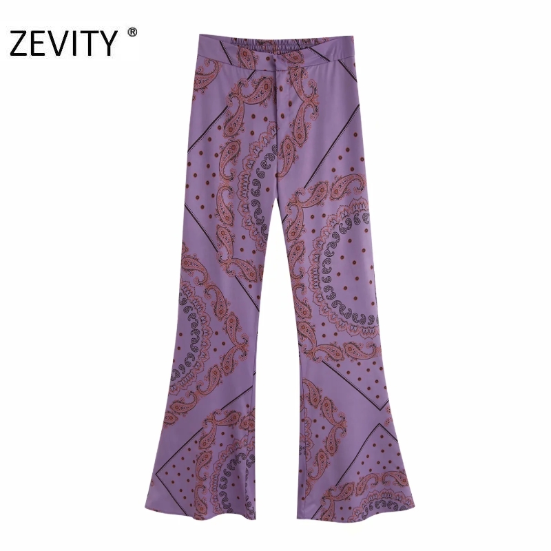 ZEVITY Women vintage cashew nuts print flare pants female leisure zipper fly paisley retro Trousers chic back pockets pants P920