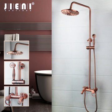 JIENI Antique Copper Bathroom Shower Set Rainfall Shower Head Bath Shower Mixer Set 3 Functions W/Hand Shower Tap Faucet