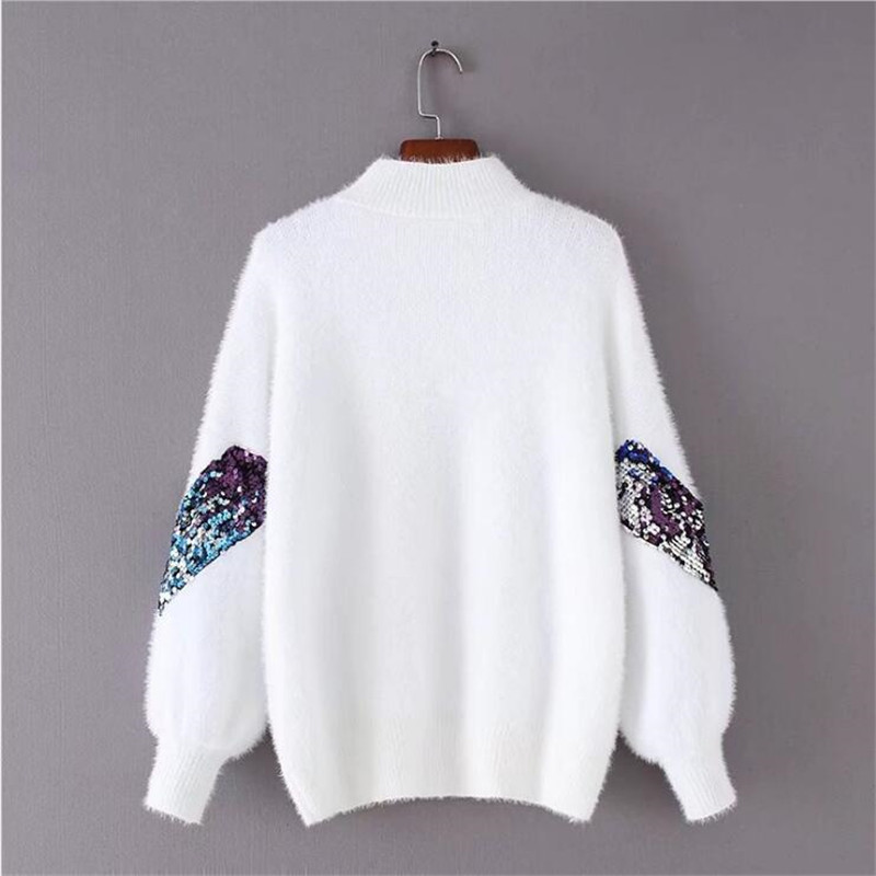 2020 New Women's Sweater Autumn And Winter New Fashion Half-high Collar Mohair Embroidery Sequins Lantern Sleeve Sweater