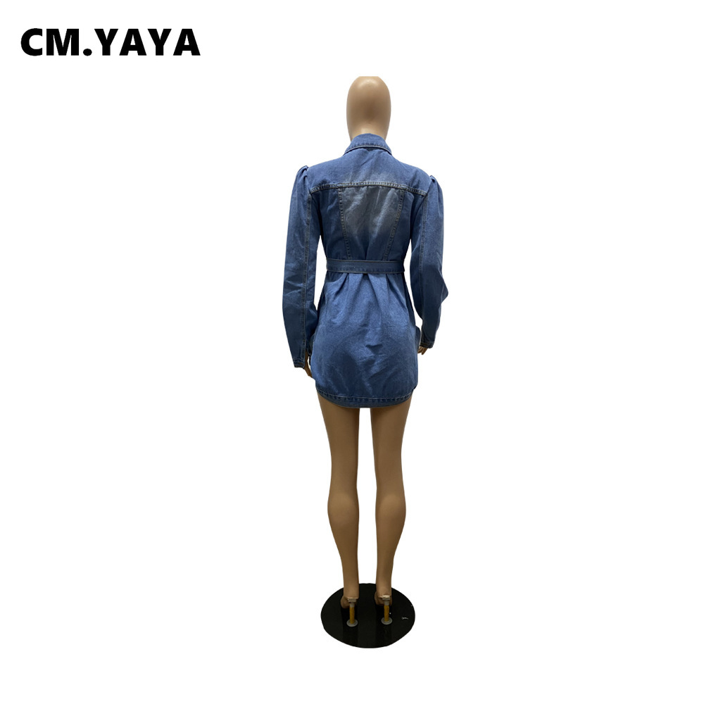 CM.YAYA Women High Street with Sashes Washed Puff Sleeve High Low Irregular Denim Jacket Fashion Denim Coat