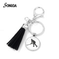 Fun Ice Hockey Players Pattern Exquisite Keyring Retro Outdoor Field Sport Series Glass Time Gem Black Tassel Key Chains