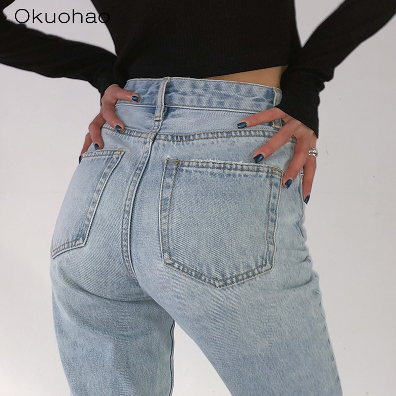 2020 High Waist Loose Comfortable Jeans For Women Plus Size Fashionable Casual Straight Pants Mom Jeans Washed Boyfriend Jeans
