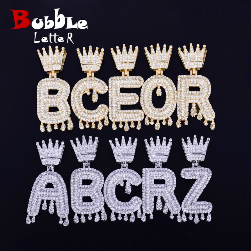 Crown Bail Drip Initials Bubble Letters Chain Necklaces & Pendant For Men Women Gold Color Cubic Zircon Hip Hop Jewelry