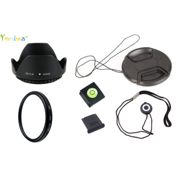 6 in1 49 52 55 58 62 67 72 77 82mm lens UV filter + center pinch Snap-on cap cover + lens cap line + lens hood + 2 hot shoe