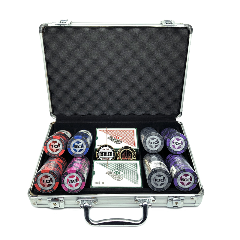 200PCS World Series Poker Chips Set with Dealer&All In&2 Plastic Playing Cards&Suitcase 40*3.4mm 14g