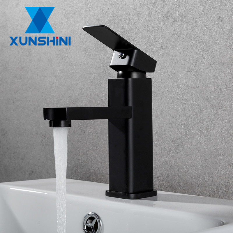 XUNSHINI Free Shipping Black Square Paint Faucet Sink Washbasin Faucet Bathroom Basin Faucets Hot Cold Mixer Tap Single Hole
