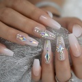 Luxury Nails Custom Large Stones Decorated Nail Art Tips Luxe Icy Ombre Coffin Shape Press On Nails Natural with Glue Sticker
