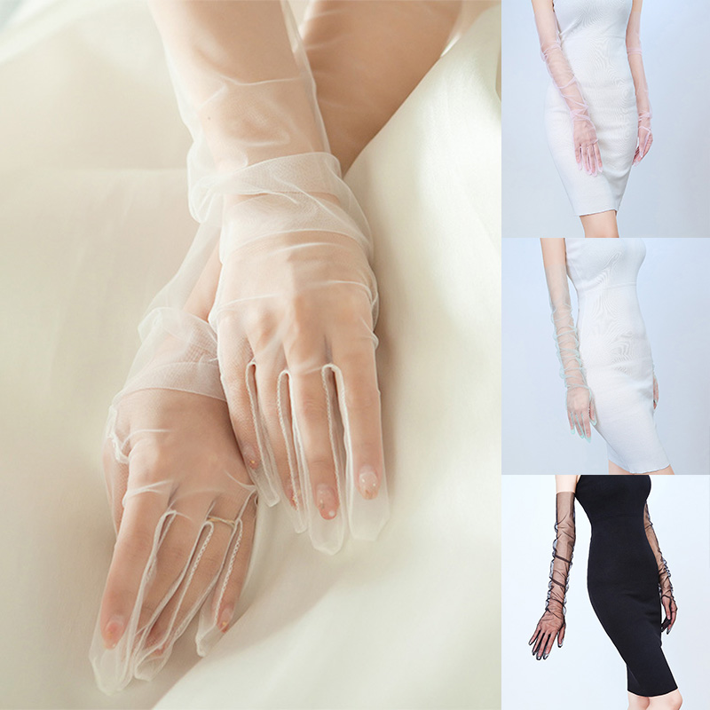 70CM Women Ultra Thin Gloves Tulle Elbow Long Wedding Bride Dress Mittens Sheer Transparent Sunscreen Vintage Black White Glove