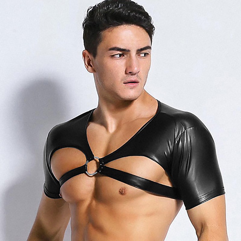 AIIOU Men Funny Sexy Undershirt Faux Leather Gay Sissy Ring Hollow Out Erotic Tights Club Wear Black Short Undershirts for Men