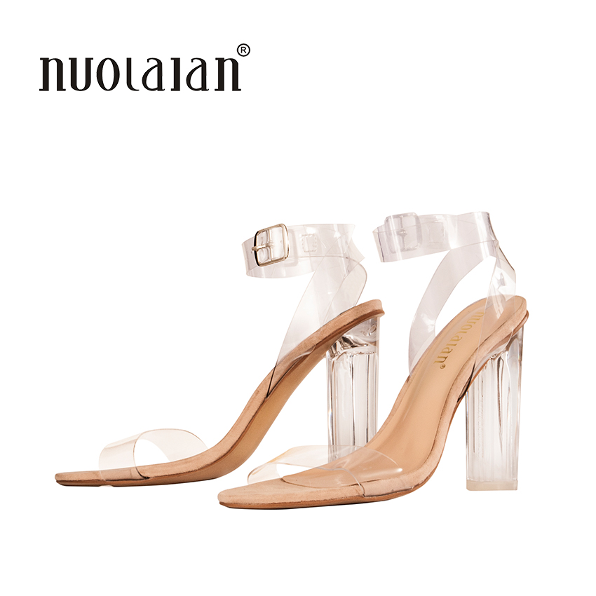 2018 Newest Women Pumps Shoes Celebrity Wearing Simple Style PVC Clear Transparent Strappy Buckle Sandals High Heels Shoes Woman