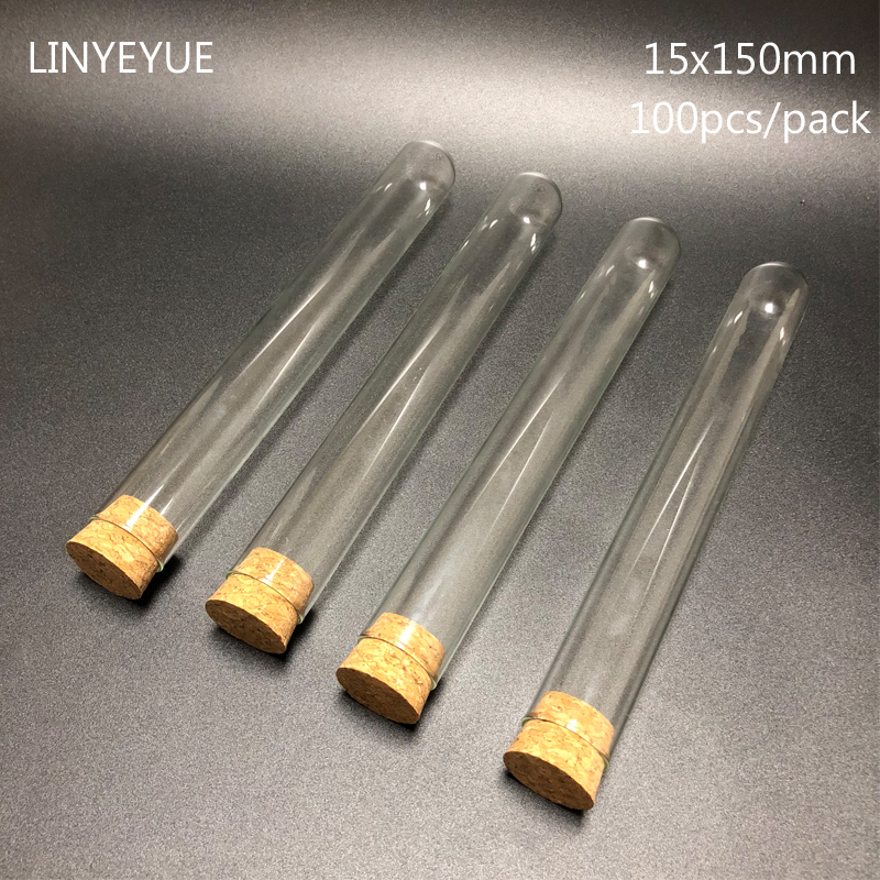 100 pieces/pack 15x150mm Lab U-shape Bottom Glass test tube with Cork Stopper Laboratory Glassware Glass Tube with cap