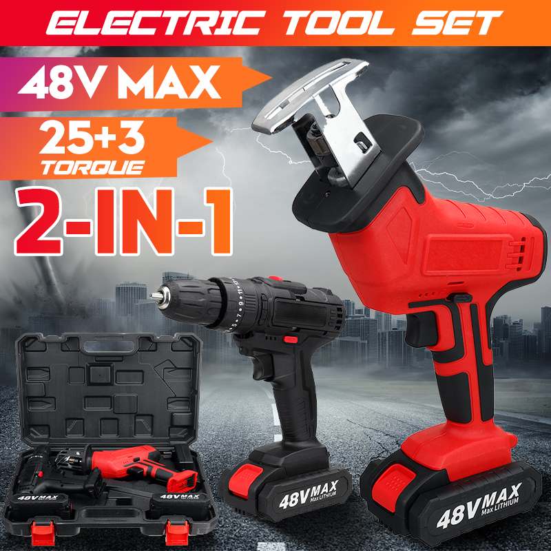 2 In 1 48V Cordless Impact Drill Reciprocating Saw Variable Speed Electric Saw Electric Screwdriver Wood Metal Cutting Chainsaw