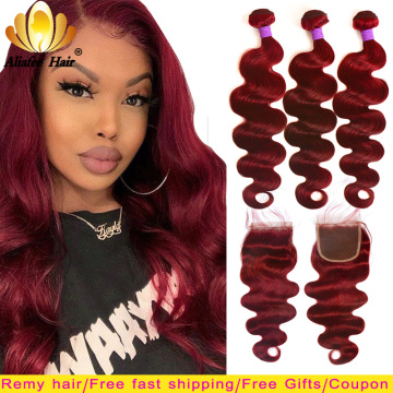 Ali afee Hair #99 Brazilian Body Wave Colored Bundles With Closure Remy Burgundy Bundles With Closure 100% Human Hair Extension