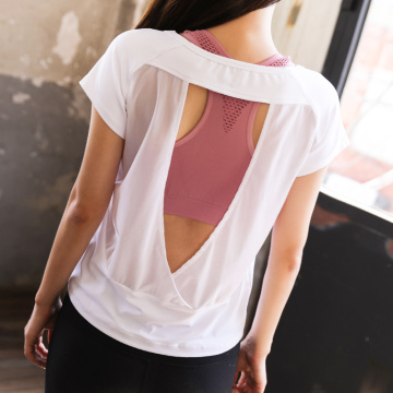 Backless Mesh Patchwork Sport T Shirt Fitness Women Yoga Shirt Gym Running Breathable Hollow Out Jerseys Sportswear