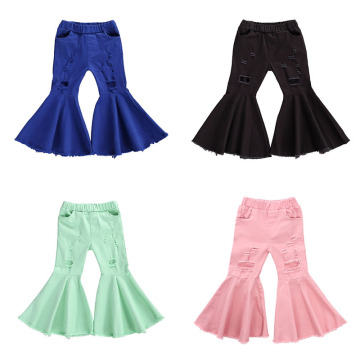 2020 Autumn Fashion Toddler Baby Girls Jeans Pants 2-7Y Solid Hole Long Elastic High Waist Flare Pants 4 Colors