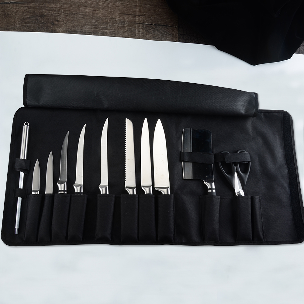 SOWOLL 12 Pockets Chef Knife Bag Roll-Bag Portable Durable Storage Pockets Kitchen Knives Carry Case Bag Durable Knife-Bag Black