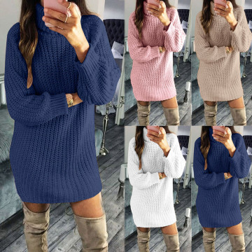 Dresses For Women Fashion Women Solid Turtle Neck Winter Autume Warm Knit Sweater Long Top Dress Ropa Mujer American Clothing