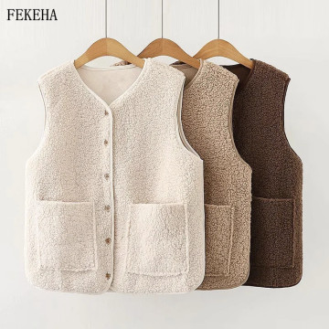 Lamb Plush Waistcoat Womens Winter News Keep Warm Vest Korean Version Of The Fur Loose Female Clothes Outwear Two Pockets