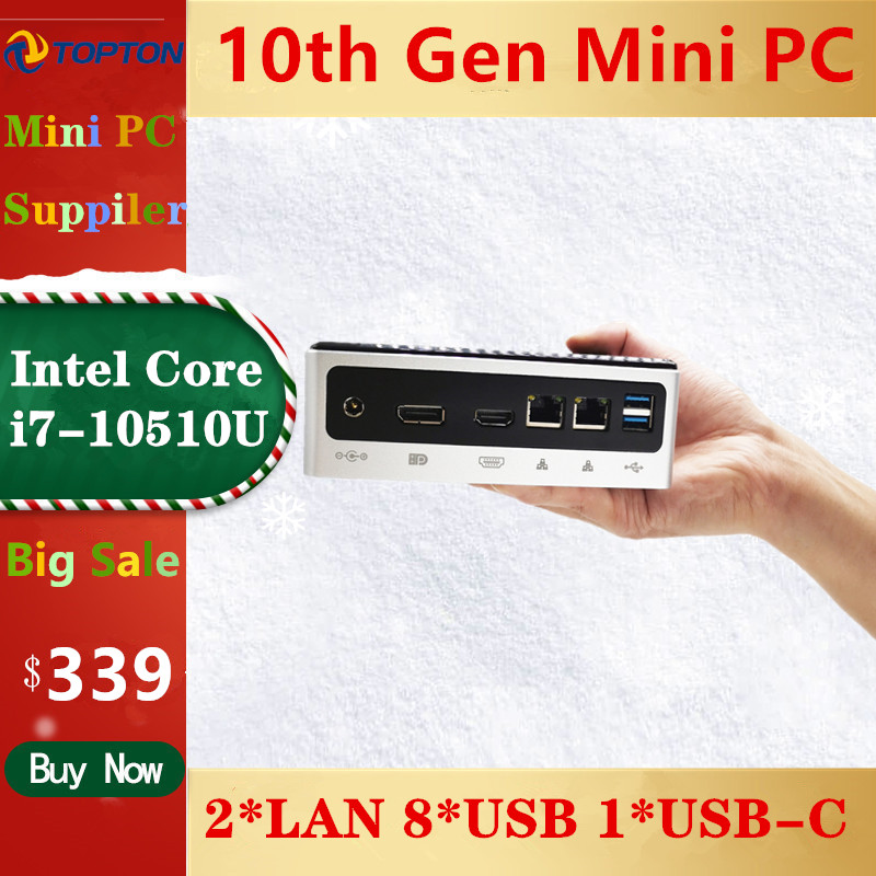 2020 TOPTON New 10th Gen Mini PC Computer Intel i7-10510U 2*DDR4 M.2 SSD 2*LAN 4K HTPC Windows 10 Linux 8*USB USB-C HDMI DP WiFi