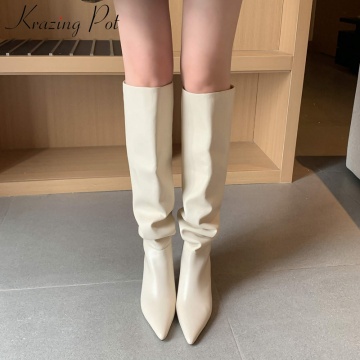 Krazing pot 2020 genuine leather pointed toe high heels slip on winter shoes nightclub party pleated solid knee high boots L85