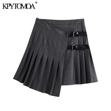 KPYTOMOA Women 2020 Chic Fashion With Buckles Pleated Mini Skirt Vintage High Waist Irregular Female Skirts Mujer