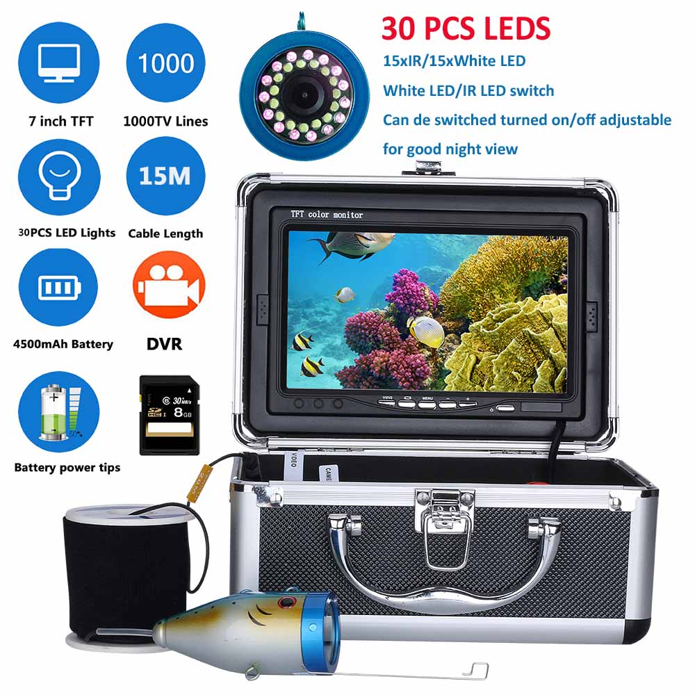 7" HD 1000TVL DVR Record Underwater Fishing Video Camera Kit 30pcs Lamp Video Fish Finder Camera 15M 30M 50M For Ice/Sea/River