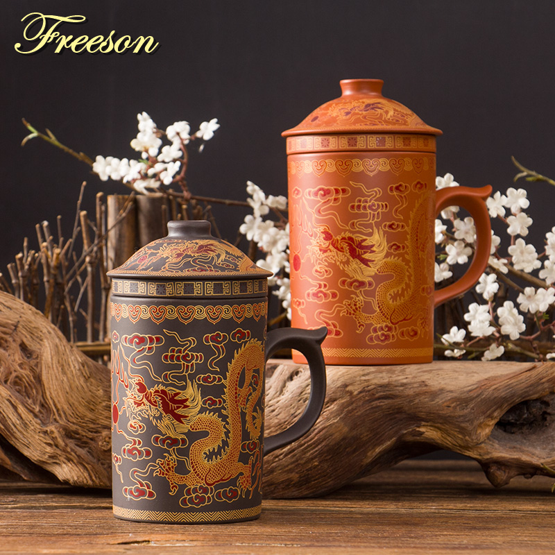 Retro Traditional Chinese Dragon Phenix Purple Clay Tea Mug with Lid Infuser Handmade Yixing Zisha Tea Cup 300ml Teacup Gift Mug