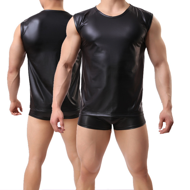 Sexy Men's Tank Tops Faux Leather Sleeveless PU Leather Undershirt Tops Vest Waistcoat Underwear Gay Male Black Undershirt