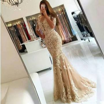 Champagne Prom Evening Mermaid Dresses Half Sleeves Illusion Back Applliques Party Dress Robe De Soiree Plus Size Custom Made