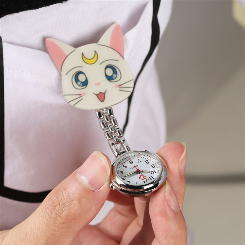 3D Cartoon Kitten Ornament Nurse Watches girls ladies women FOB pocket hang clip watches Luminous Hands montre de poche