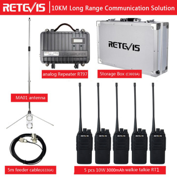 10 Km Communication Solution RETEVIS RT97 10W Repeater +5pcs 10W 3000mAh Radio RT1 +5M Feeder Cable + MA01 Antenna + Storage Box