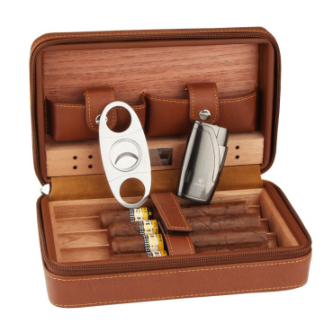 COHIBA Leather Cigar Case Cedar Cigar Box Travel Humidor With Cigars Lighter Cutter Humidifier Set W/ Gift Box