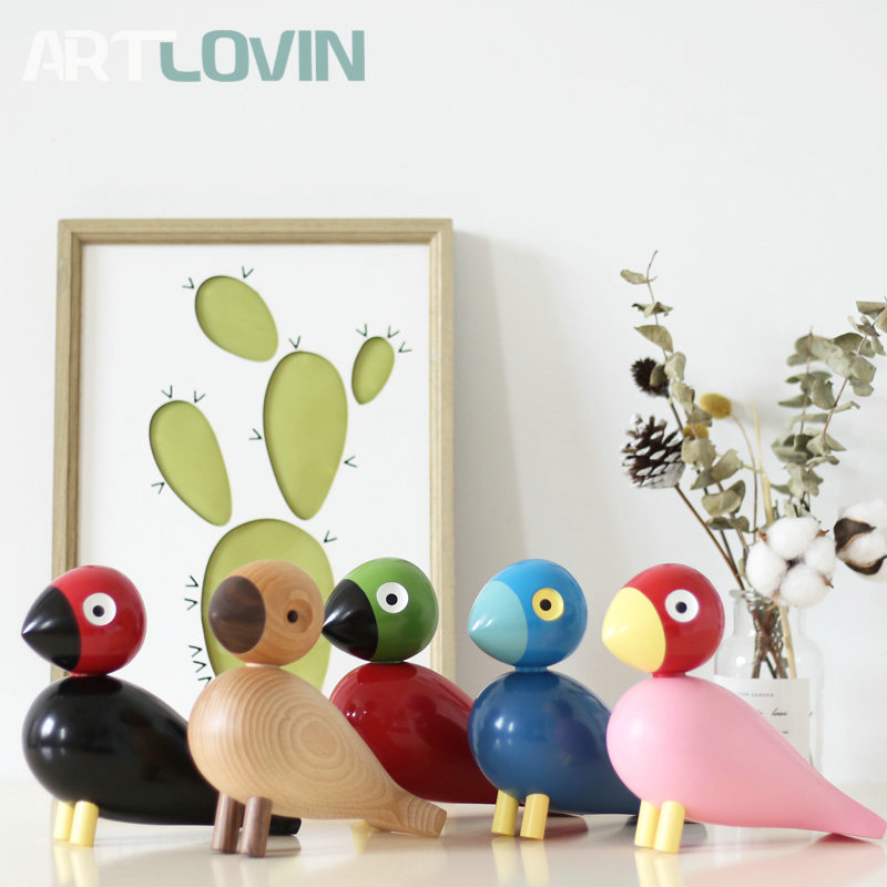 Nordic Denmark Wooden Bird Figurines Wood Carving Puppet Colorful Painted Sculpture Figure Animal Ornaments for Home Decoration