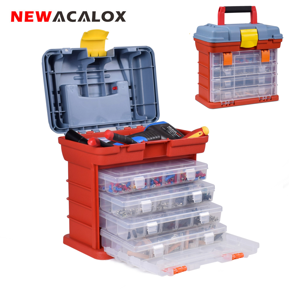 NEWACALOX Outdoor Toolbox 4 Layer Fishing Tackle Portable Tool Case Screw Hardware Plastic Storage Box with Locking Handle