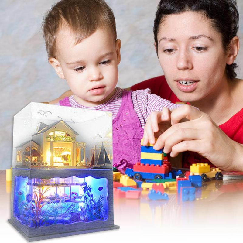 LED Light DIY Wooden Mini Dollhouse Assemble Toy Villa Doll House Furniture Doll Props Creative DIY Wooden House Puzzle Toys