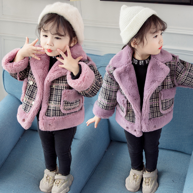 New Girls Winter Plaid Coat Baby Velvet Fashion Princess Thickened Korean -Style Lapel Jacket