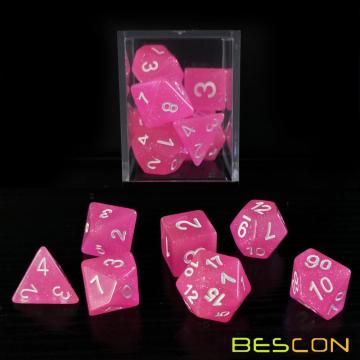 Bescon Intensive Glitter Dice 7pcs Set PINK PRINCESS, Novelty RPG Dice Set d4 d6 d8 d10 d12 d20 d%, Brick Box Packaging