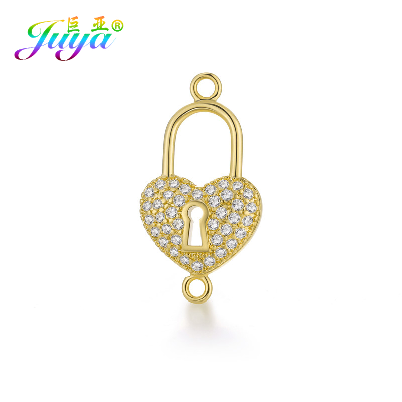 Juya 100% Handmade Zircon Insert Jewelry Findings Gold Heart Locket Connectors Accessoris For Women Jewelry Making