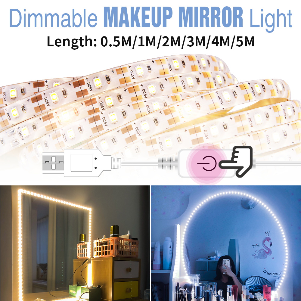 USB Makeup Mirror Light LED Touch Dimmable Dressing Table Lights LED Vanity Mirror Lamp 5V Waterproof Bathroom Mirror Bombilla