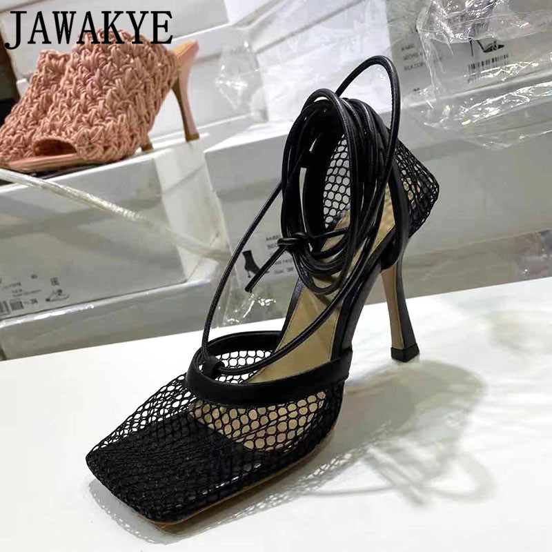 New Nude black Net Mesh brand Shoes High heel Sandals Women square toe Ankle Strap Summer Sandals Sexy lace up Party Shoes Woman