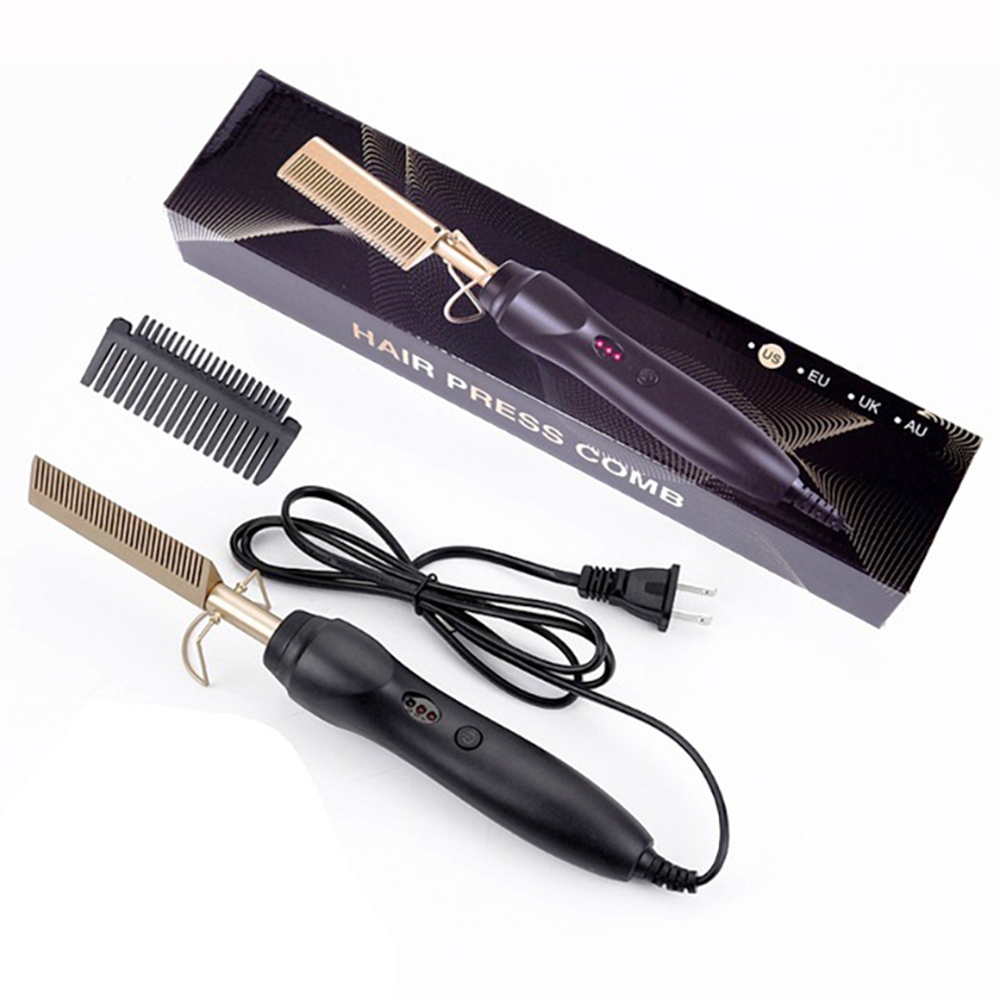 Heated Hair Straightener Comb Professional Hair Flat Irons Curling Brush Gold Titanium Alloy Hair Straightening Comb
