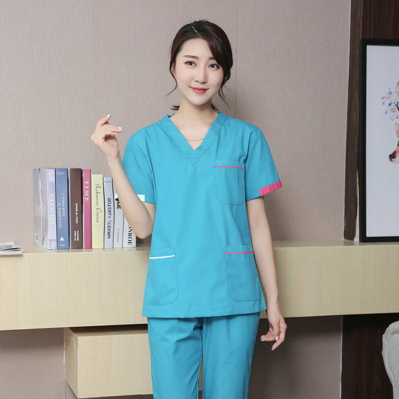 Women Scrub Tops V Neck Short Sleeve Workwear Uniform Cotton Color-Blocking Doctor Costume Hospital Nurse Vet Medical Uniforms