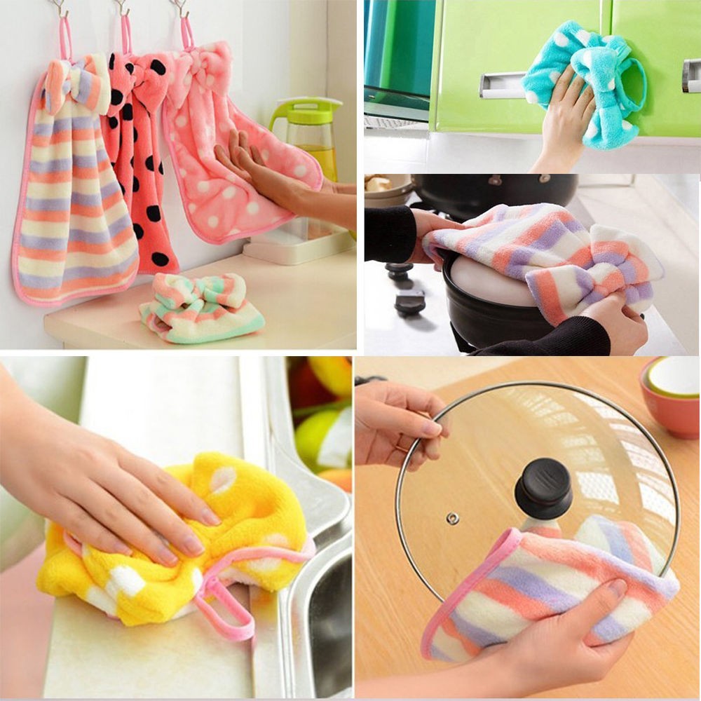 2pc Velvet Hand Towel Pot Anti-hot Pad Home Kitchen Cleaning Cloth Bow Decor Hand Dry Hanging Towel