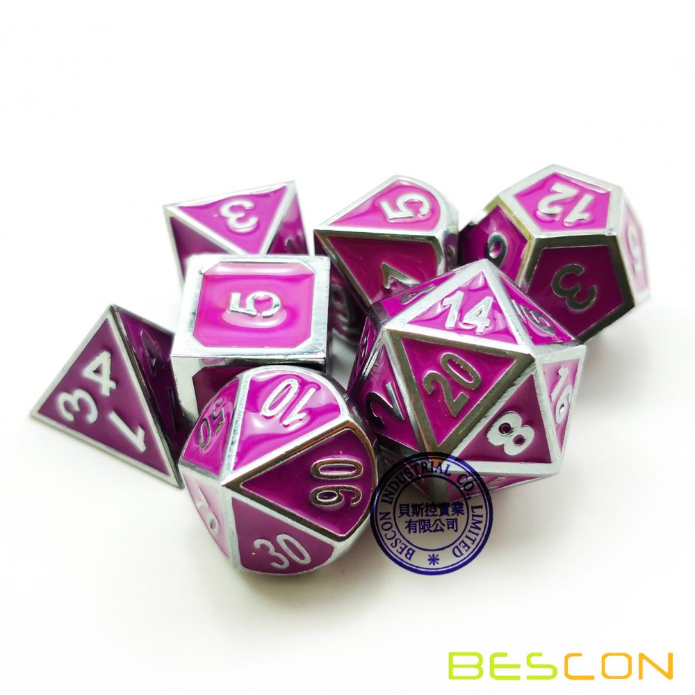 Bescon Deluxe Creative Shiny Silver and Purple Enamel Solid Metal Polyhedral Role Playing RPG Game Dice Set of 7