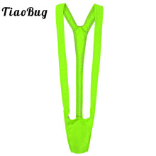 TiaoBug Men Bright Fluorescence Stretchy Novelty Mankini Thong Borat Swimsuit Male Swimming Beach Hot Sexy Swimwear Bathing Suit