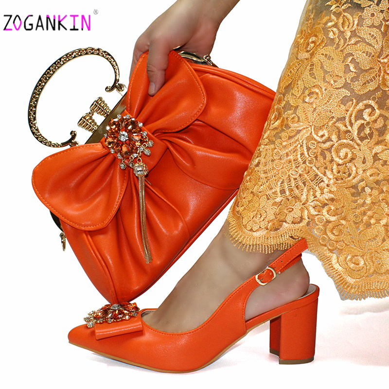 Retro Italian Lady Shoes and Bag to Match Orange Color Nigerian Women Shoes Matching Bag Comfortable Heels Sandals for Wedding